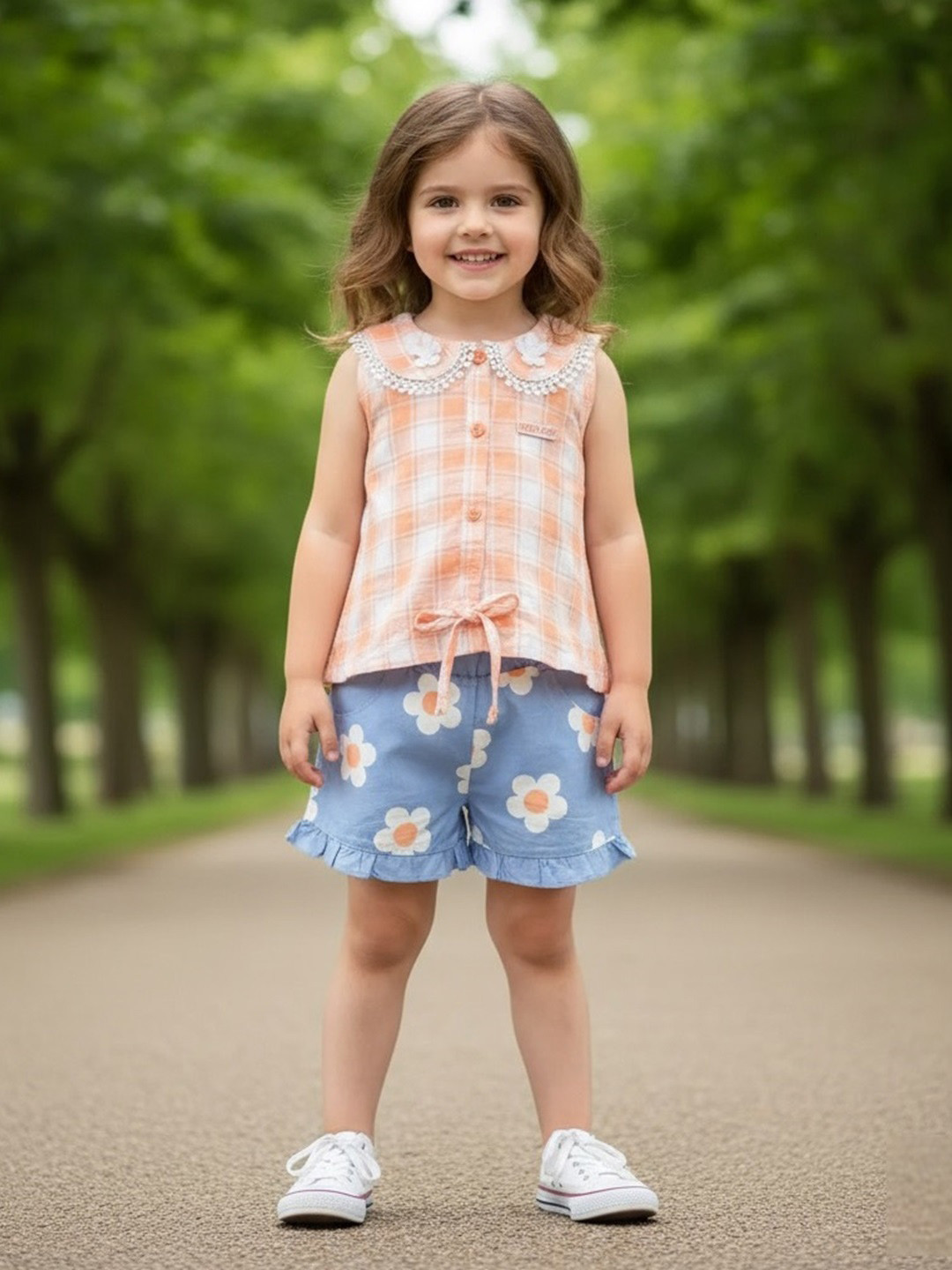 KIKO Girls Checked Pure Cotton Top with Printed Shorts