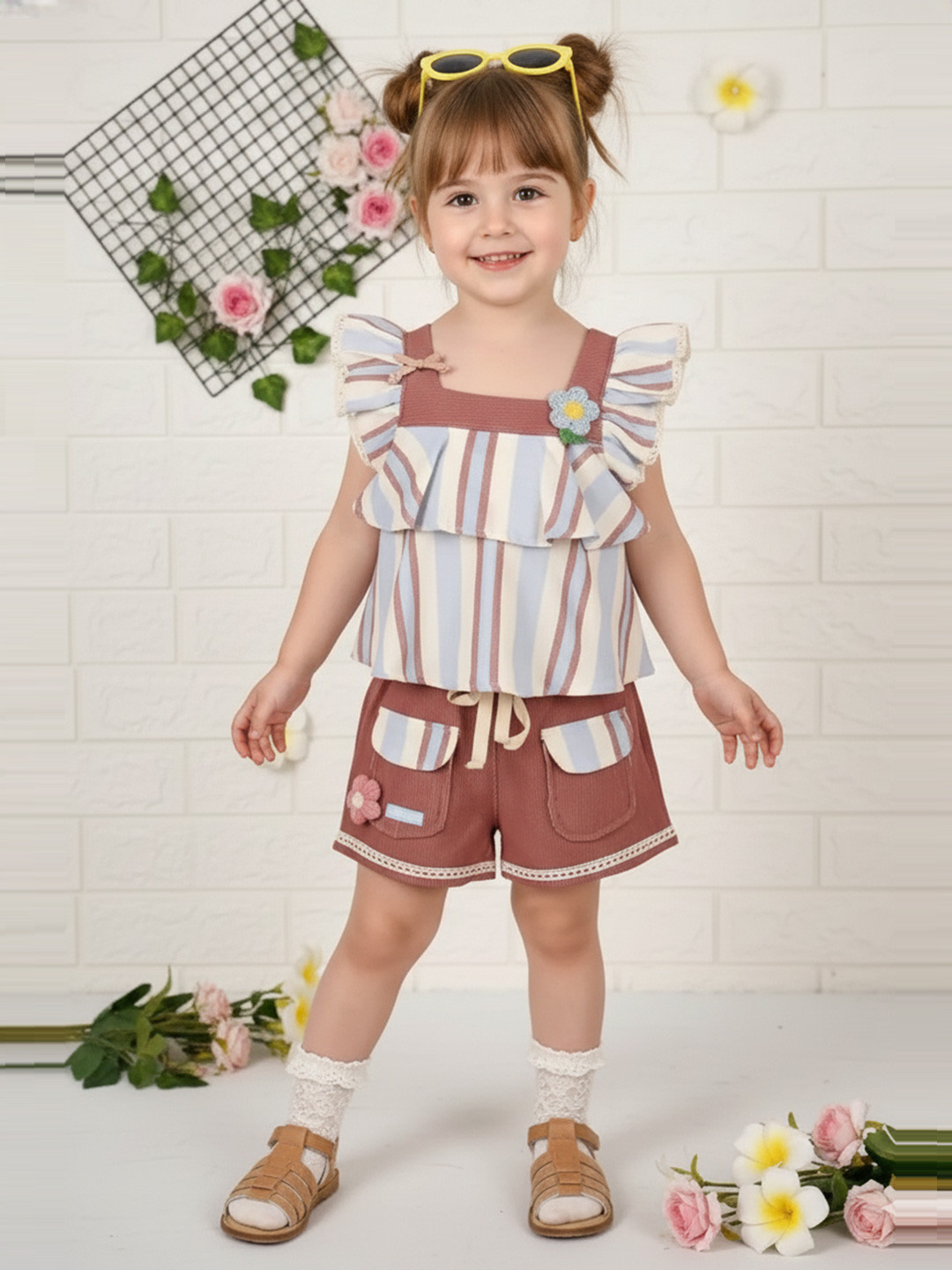 KIKO Girls Striped Square Neck Short Sleeves Pure Cotton Top With Shorts