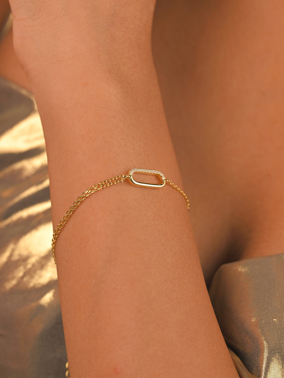 Nistra Lucky Charm Sterling Silver Gold-Plated Cubic Zirconia Studded Link Bracelet