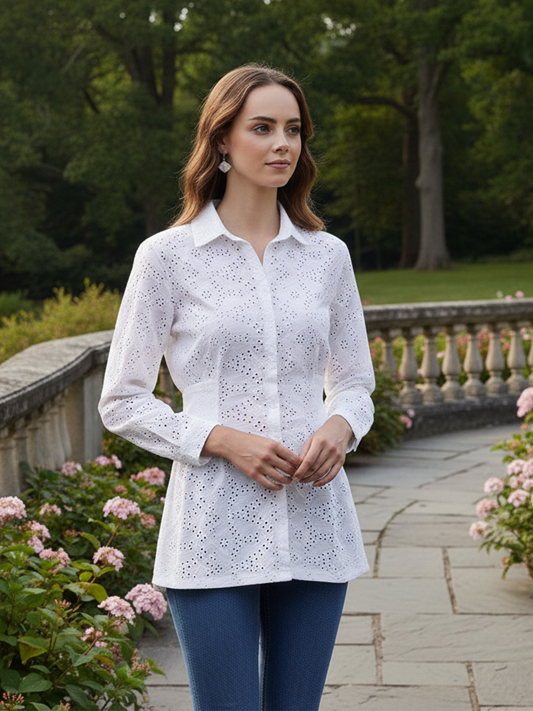 bebe All day Schiffli Smocked Longline Shirt