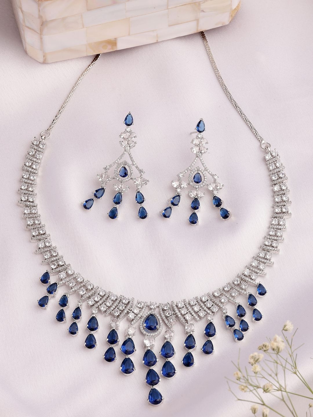 ZENEME Rhodium-Plated American Diamond Studded Jewellery Set