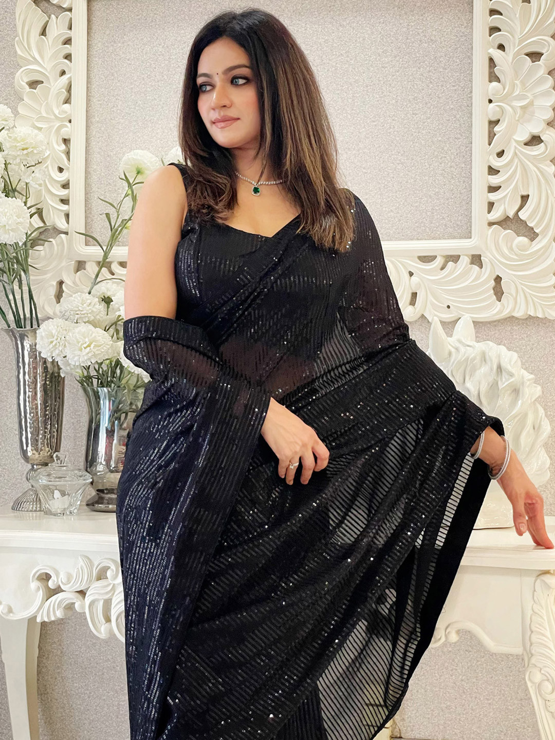 Anouk Embellished Sequinned Pure Georgette Designer Saree