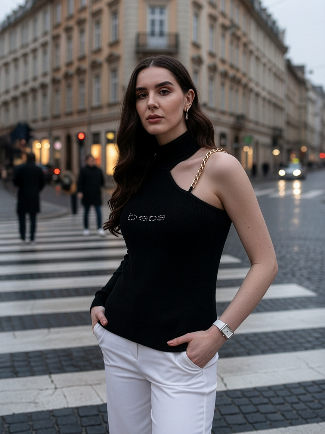 bebe Turtle Neck One Shoulder Chain Link Detail Pullover