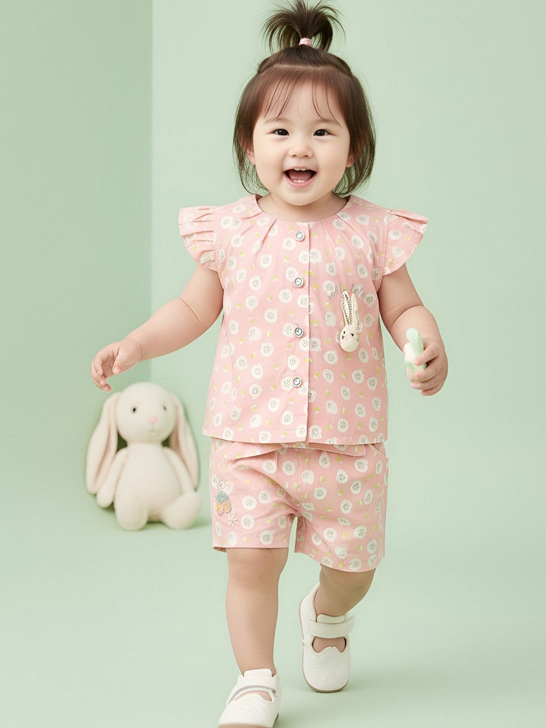 Babys Day Girls Printed Short Sleeves Pure Cotton Top With Shorts