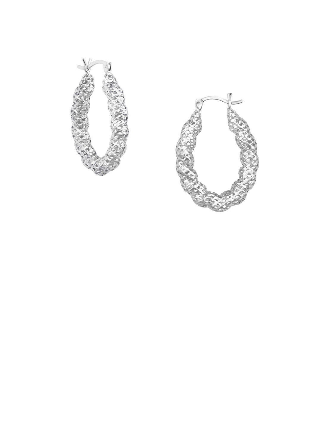 Nistra Twisted Filigree Rhodium Plated Sterling Silver Oval Hoop Earrings