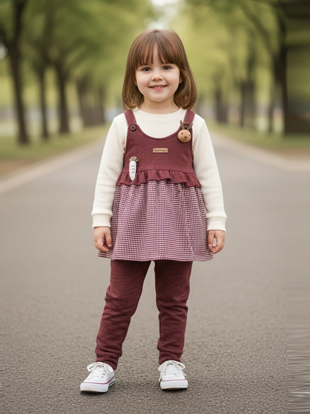 KIKO Girls Checked Pure Cotton Sweatshirt With Joggers And Dungaree