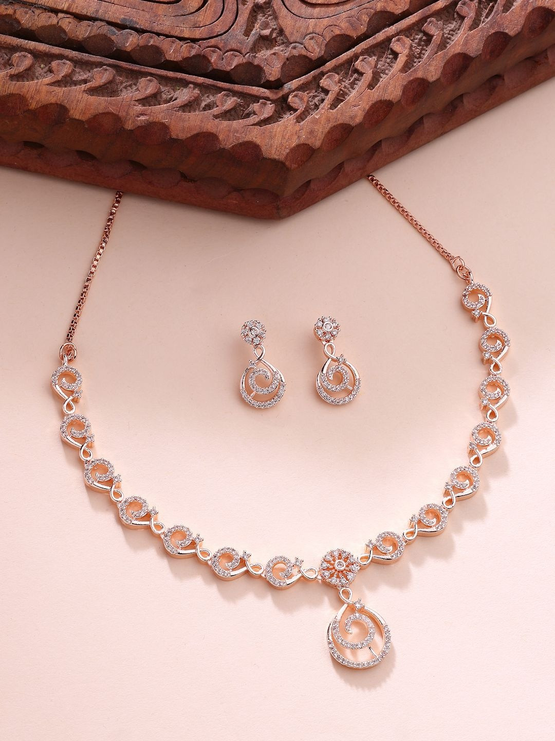 ZENEME Rose Gold-Plated American Diamond Stone Studded Jewellery Set