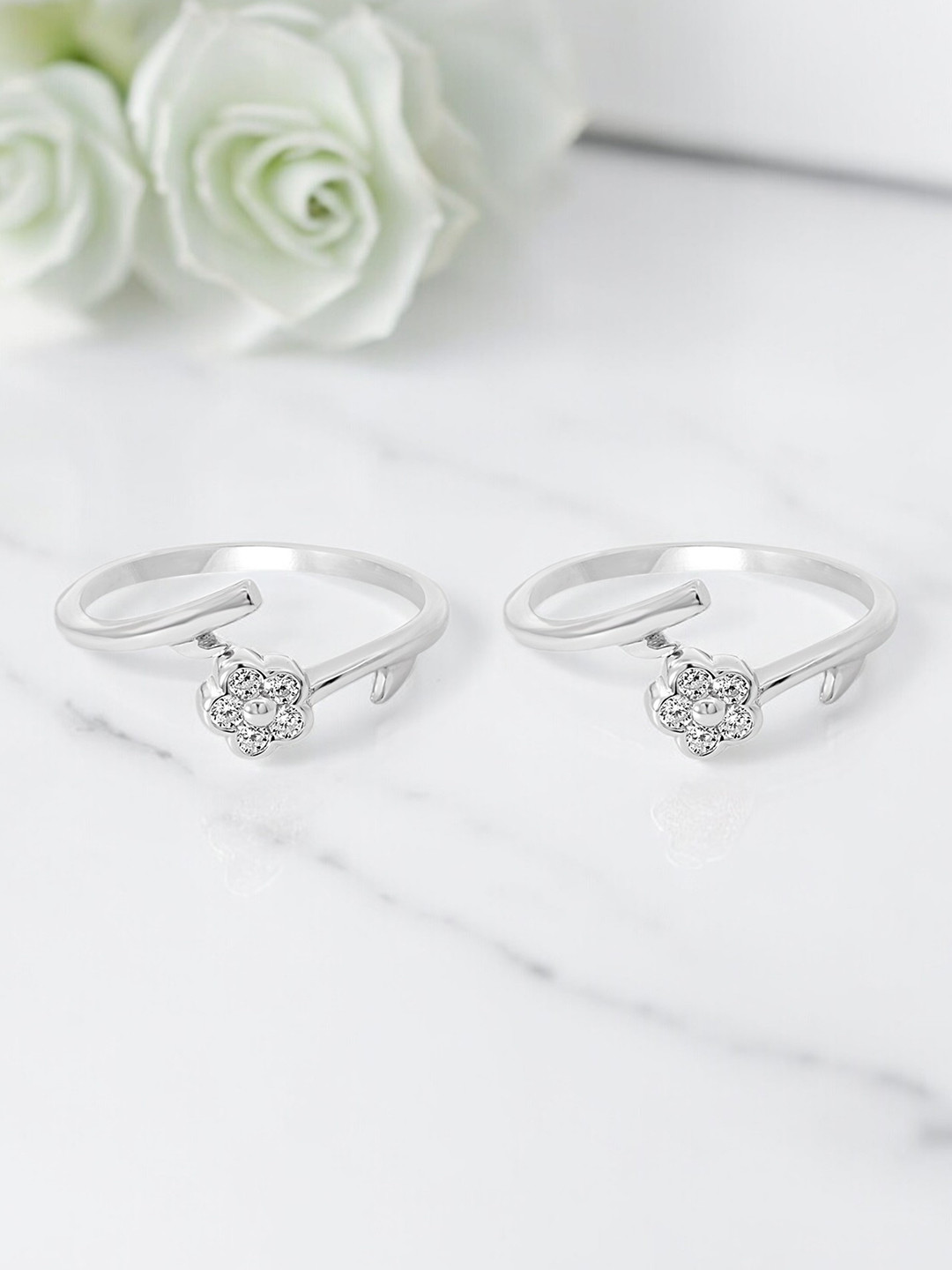 Nistra Rhodium-Plated Petal Delight Toe Rings