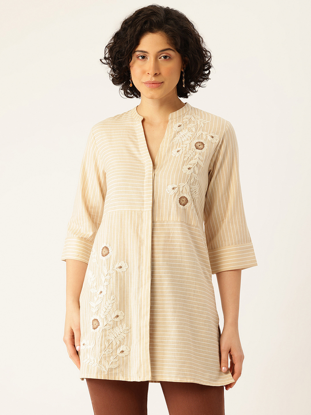 MISRI Mandarin Collar Embroidered Pure Cotton Tunic