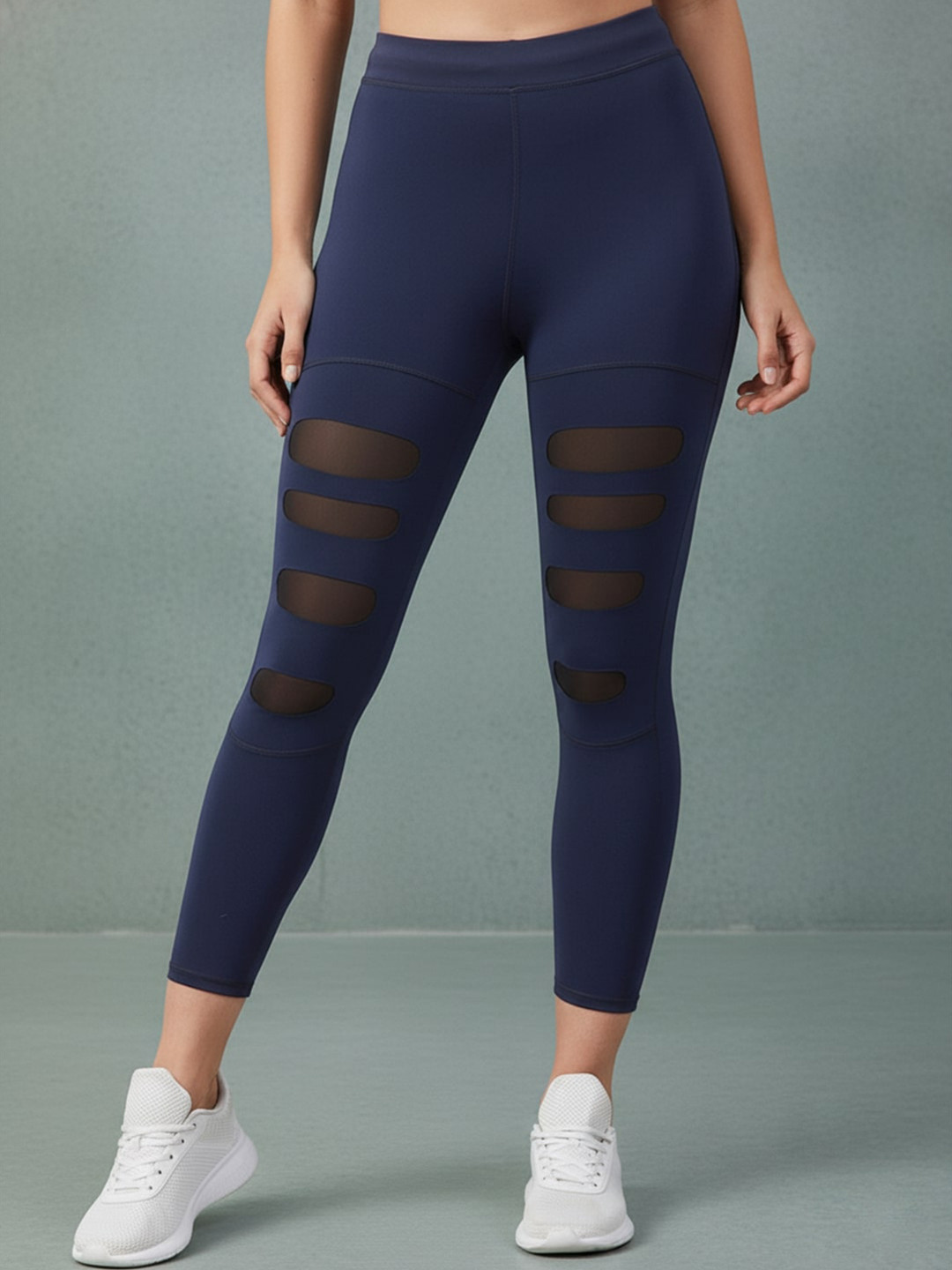 Blinkin Women Navy Blue Solid Mesh Insert Tights