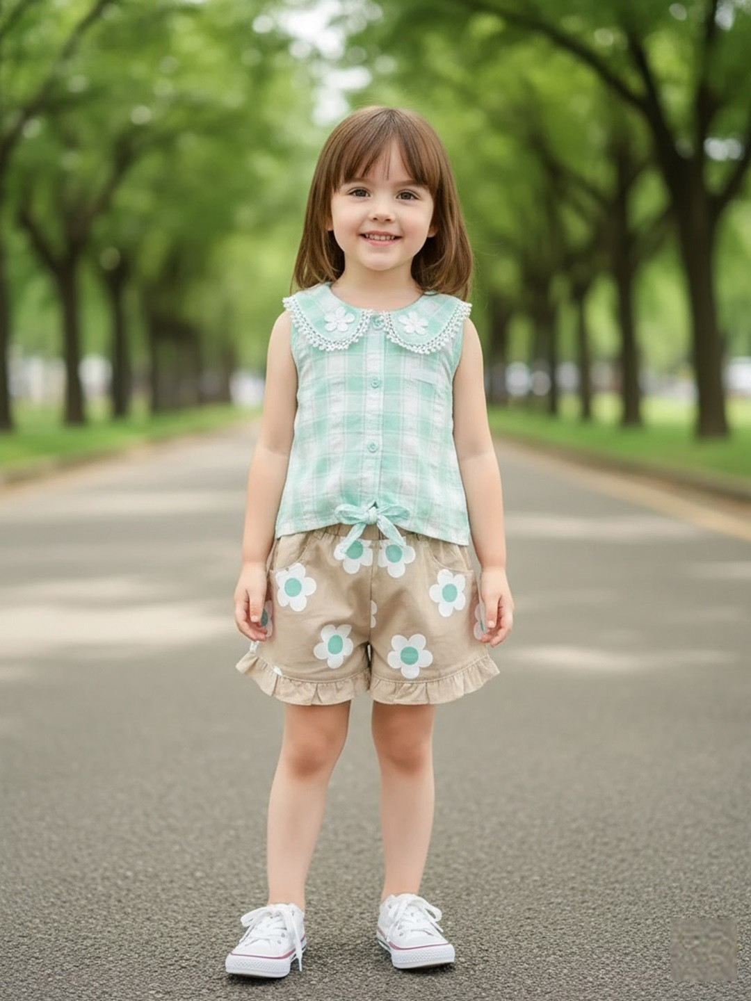 KIKO Girls Checked Pure Cotton Top with Shorts