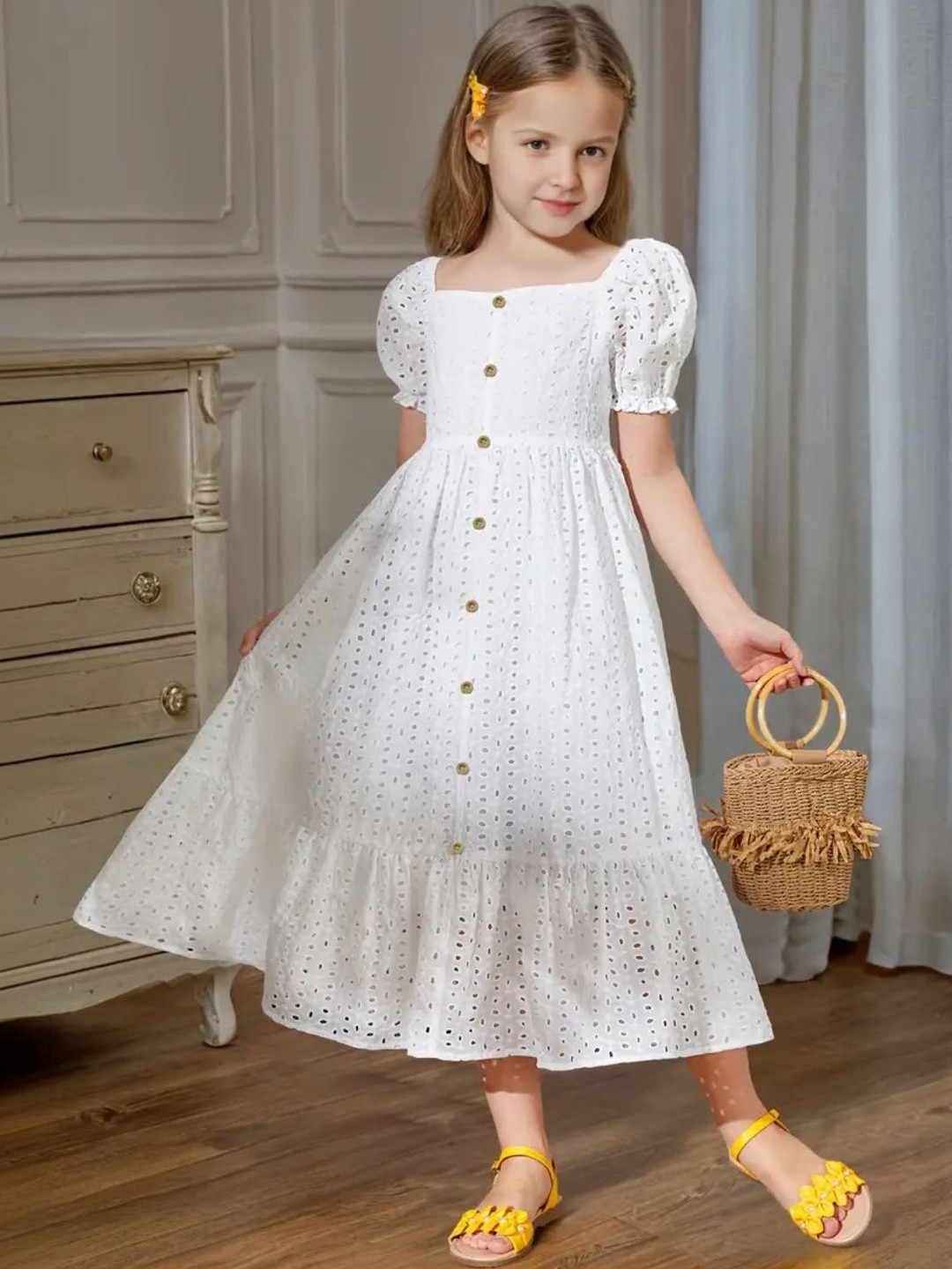 Sangria Girls Self Design Puff Sleeve Fit & Flare Dress