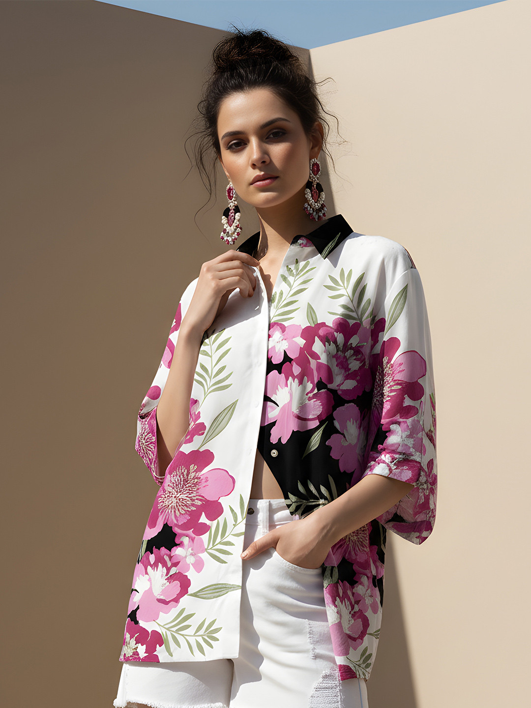 Dora Dori Women Floral Print Roll-Up Sleeves Cotton Shirt Style Top