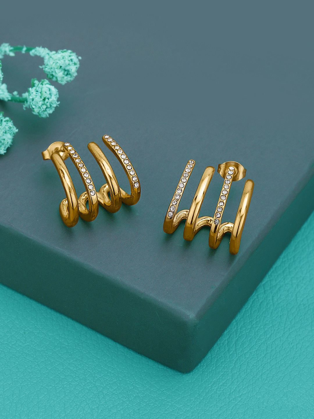 Carlton London Women Gold-Plated CZ-Studed Contemporary Half Hoop Earrings