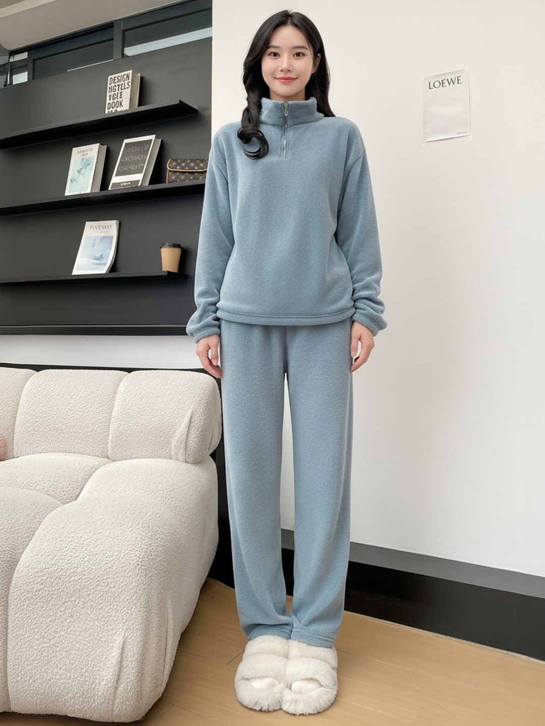 Lugo Women Blue Wool Blend Solid Round Neck Top Drawstring Pyjamas Night suits