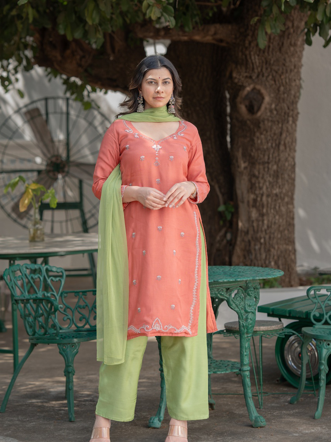 Meeshara Women Floral Embroidered Satin Kurta with Salwar & Dupatta
