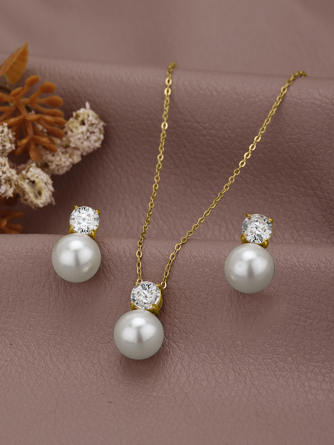 Carlton London 18K Gold Plated Solitaire CZ Pearls Necklace and Drop Earring Set