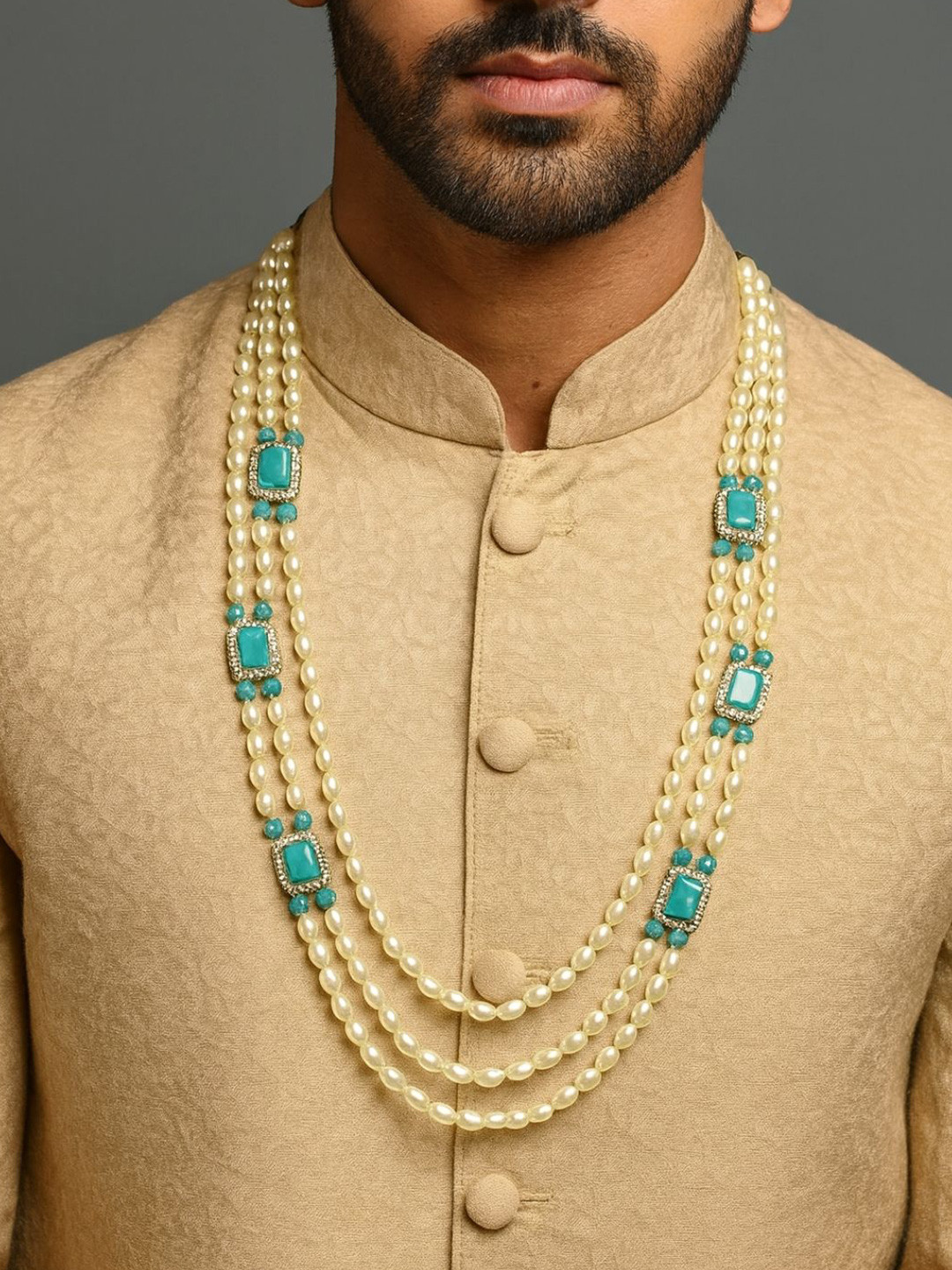 I Jewels Men Gold-Toned & Turquoise Blue 4 Layered Pearl Necklace
