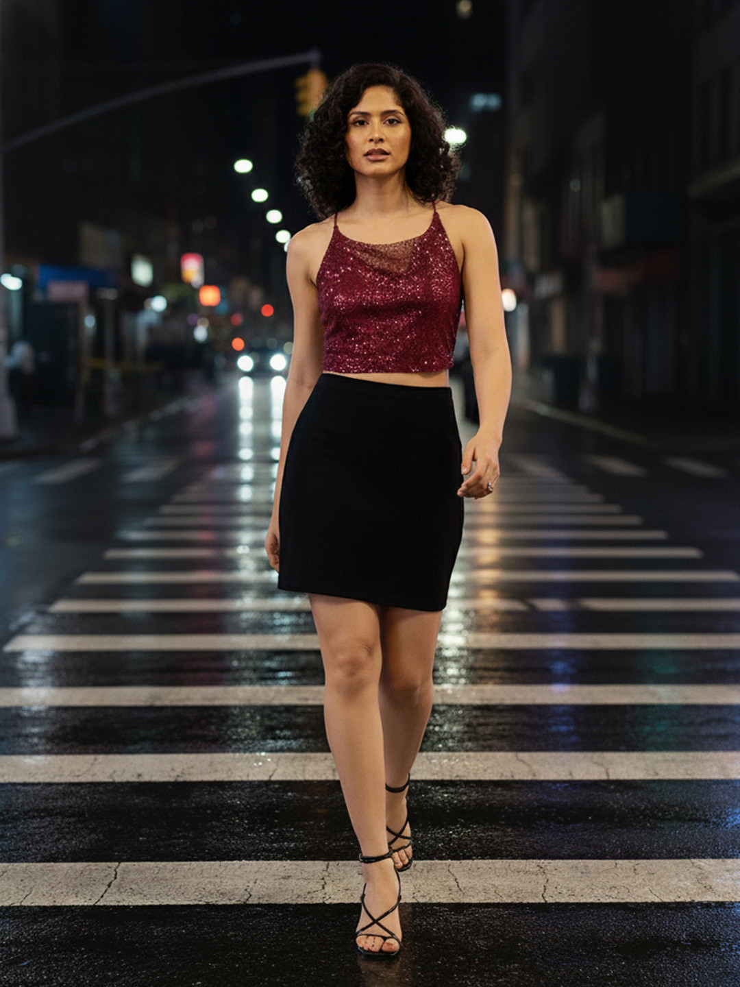 bebe Future Glam Sequined Cowl Neck Net Crop Top