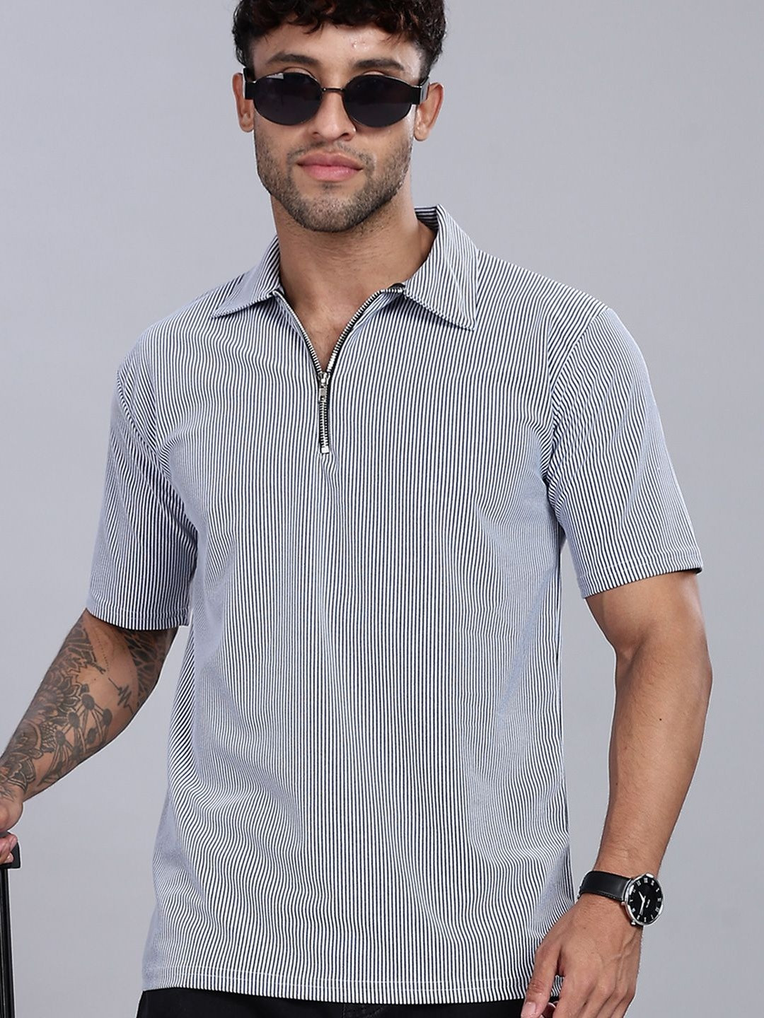 MaverIQ Men Striped Polo Collar T-shirt