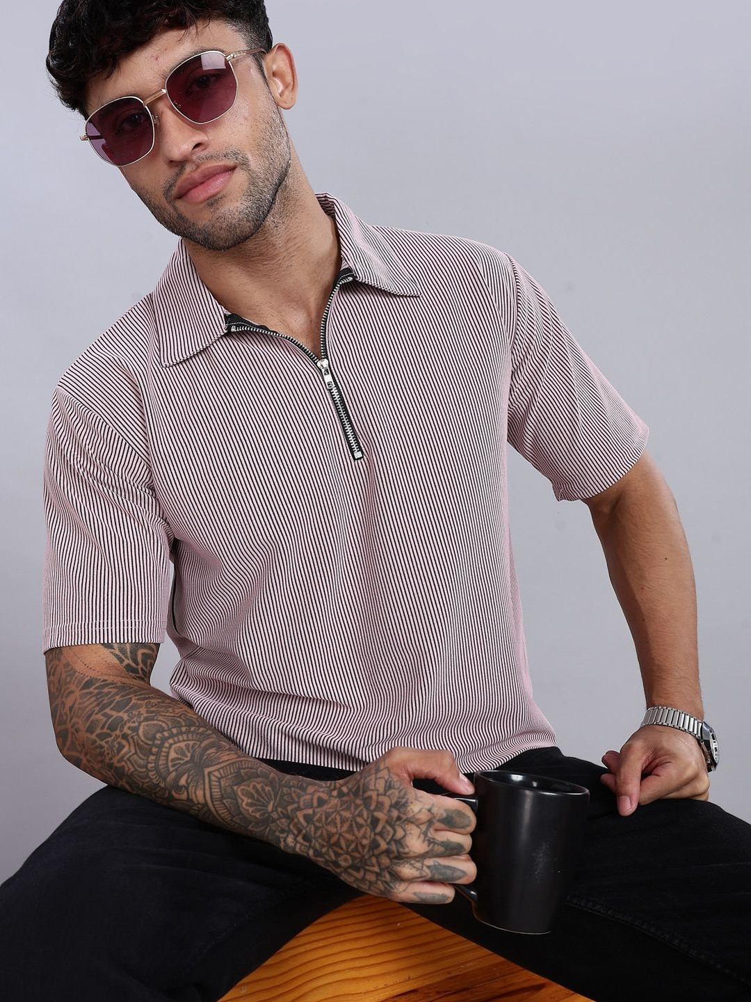 MaverIQ Men Striped Polo Collar T-shirt