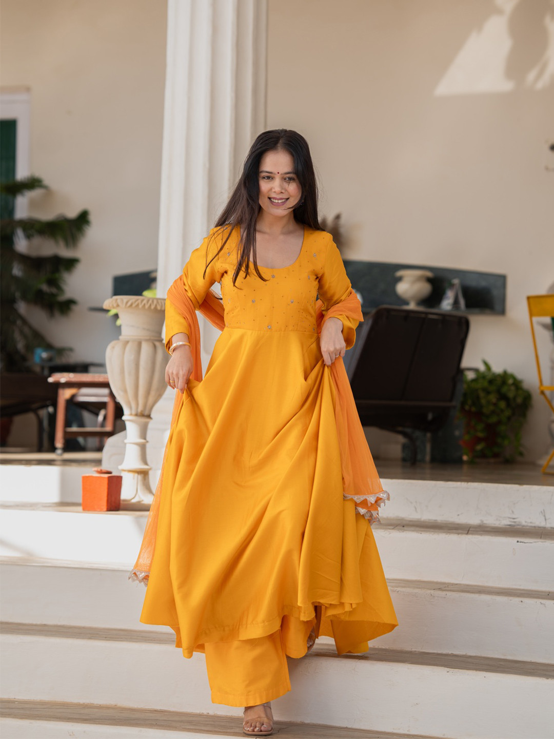 Meeshara Round Neck Beads & Stones Anarkali Pure Silk Kurta With Palazzos & Dupatta