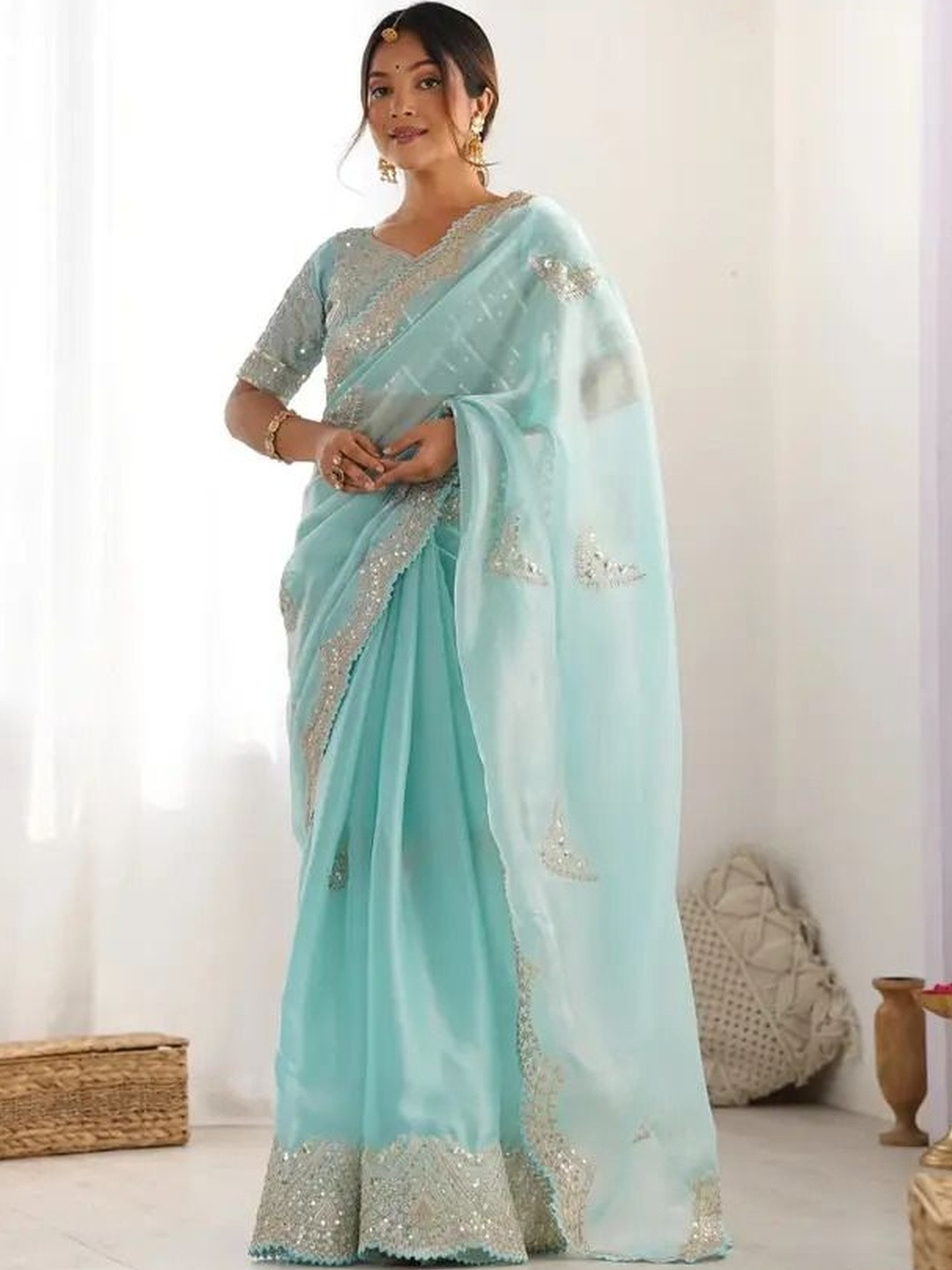 JAINICA Embellished Sequinned Organza Heavy Work Saree