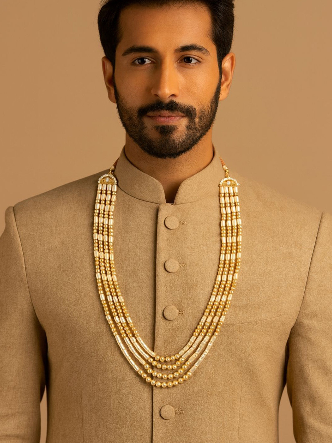 I Jewels Men Gold-Toned & Off White 4 Layered Gold-Plated Necklace