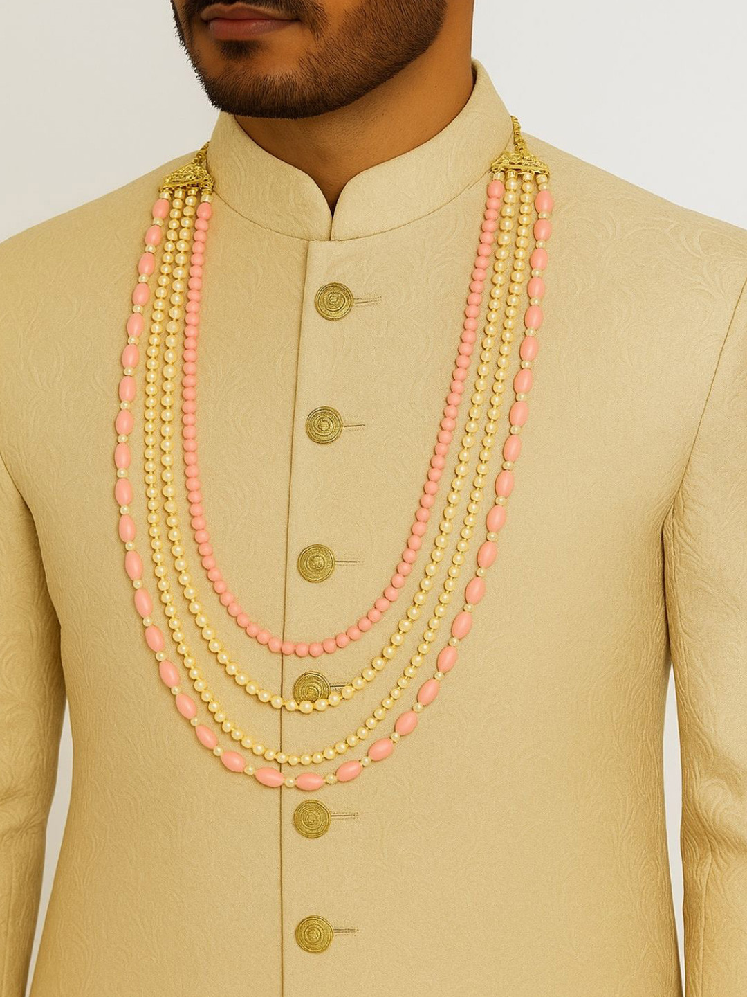I Jewels Men Gold-Toned & Pink Beads 5 Layered Dulha Chain