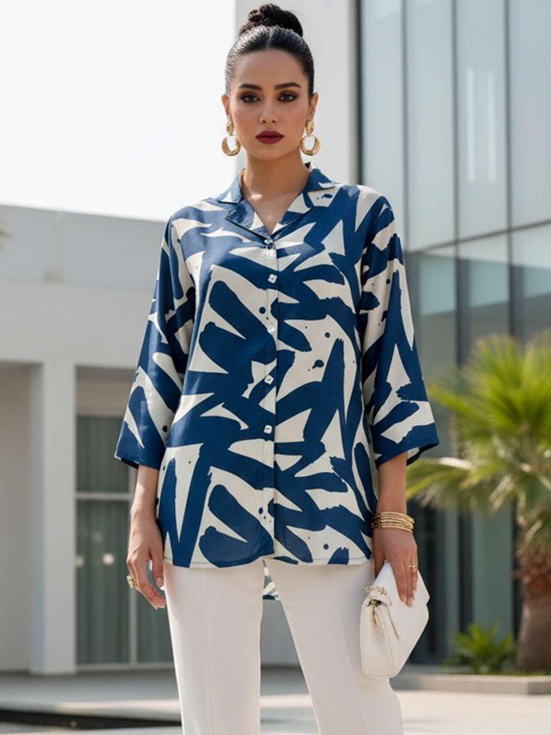 JISORA Print Pure Silk Shirt Style Top