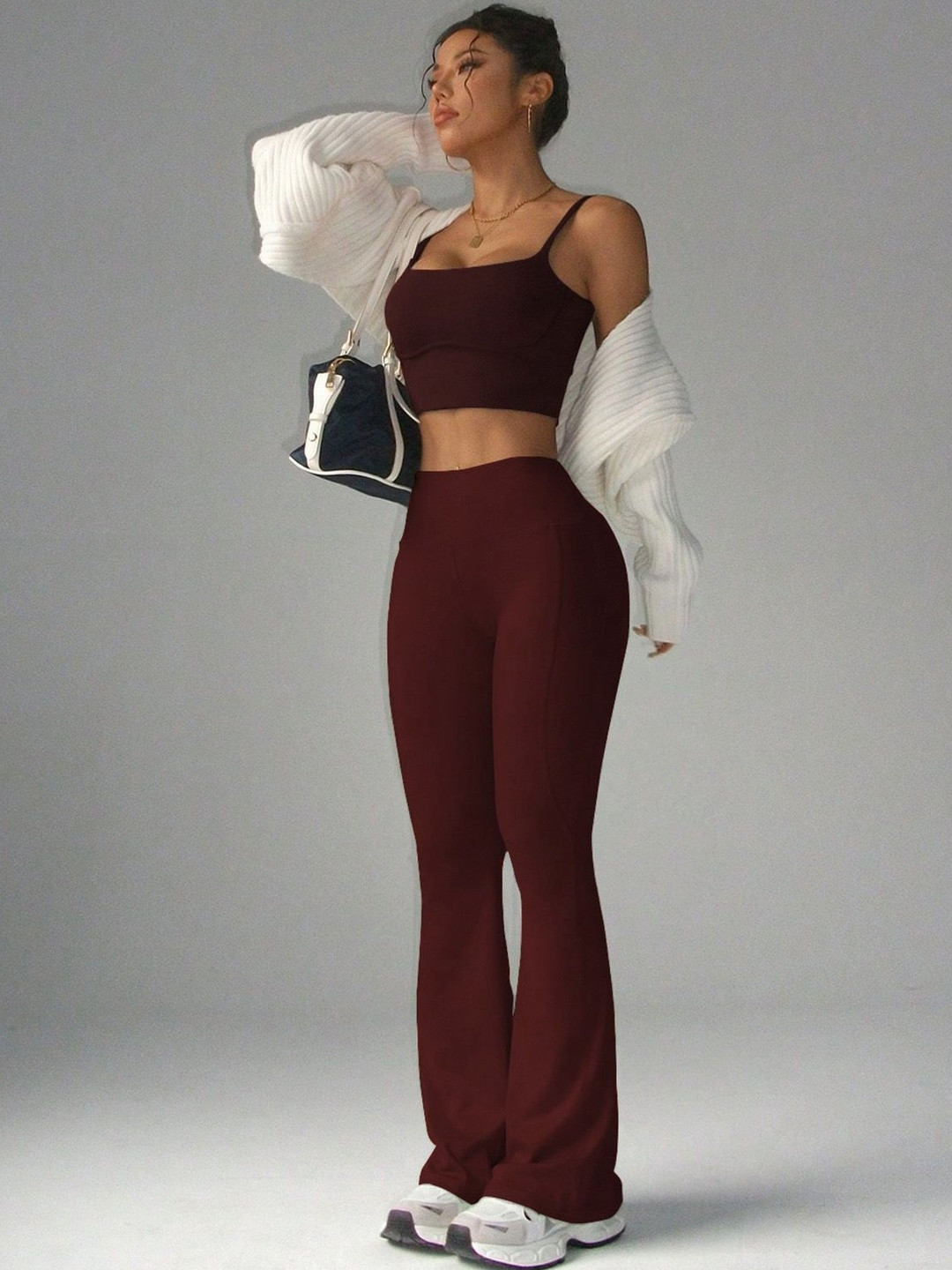 Off Duty India Women Maroon Elevate Flow Flare High Rise Slip on Yoga Pants Tights