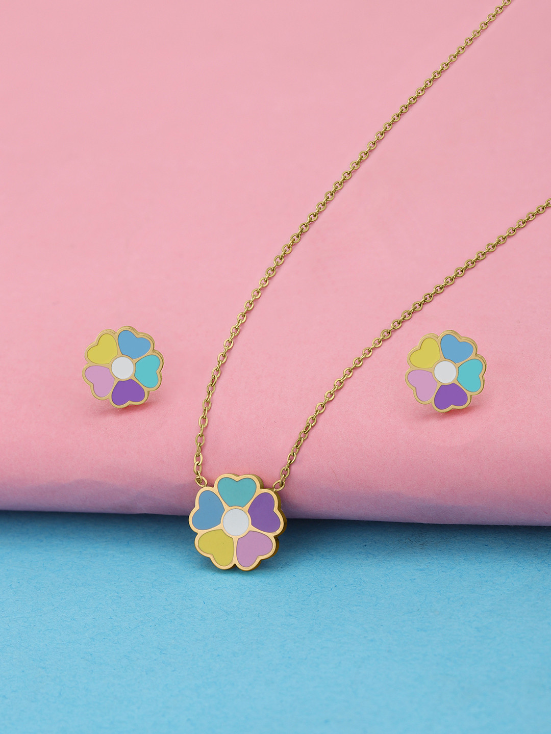 Carlton London Girls 18K Gold Plated Enamel Heart Flower Necklace and Earring Set