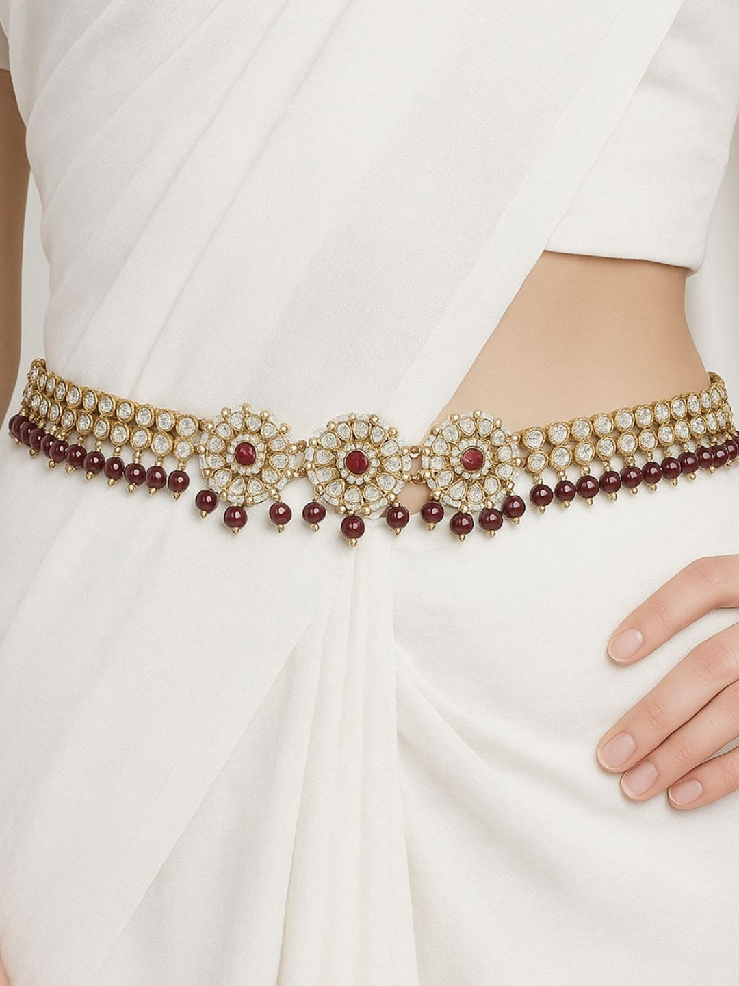 I Jewels Gold-Plated Maroon Kundan Studded Kamarbandh