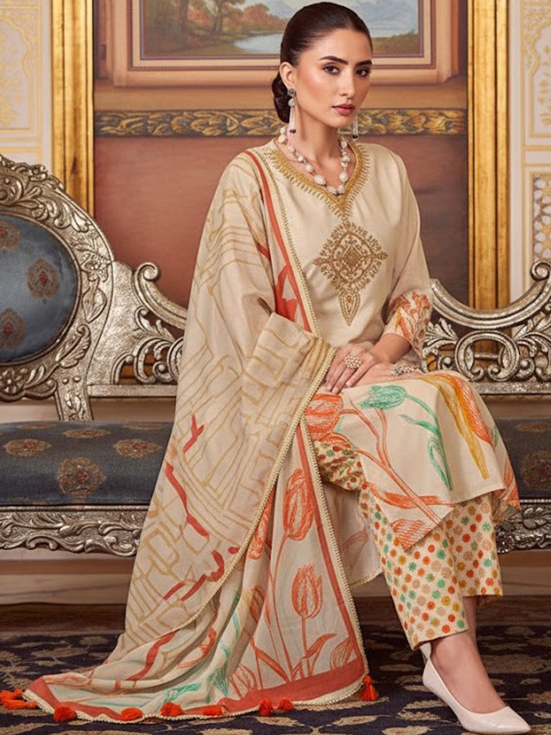 KALINI Women Floral Embroidered Regular Thread Work Kurta with Trousers & With Dupatta