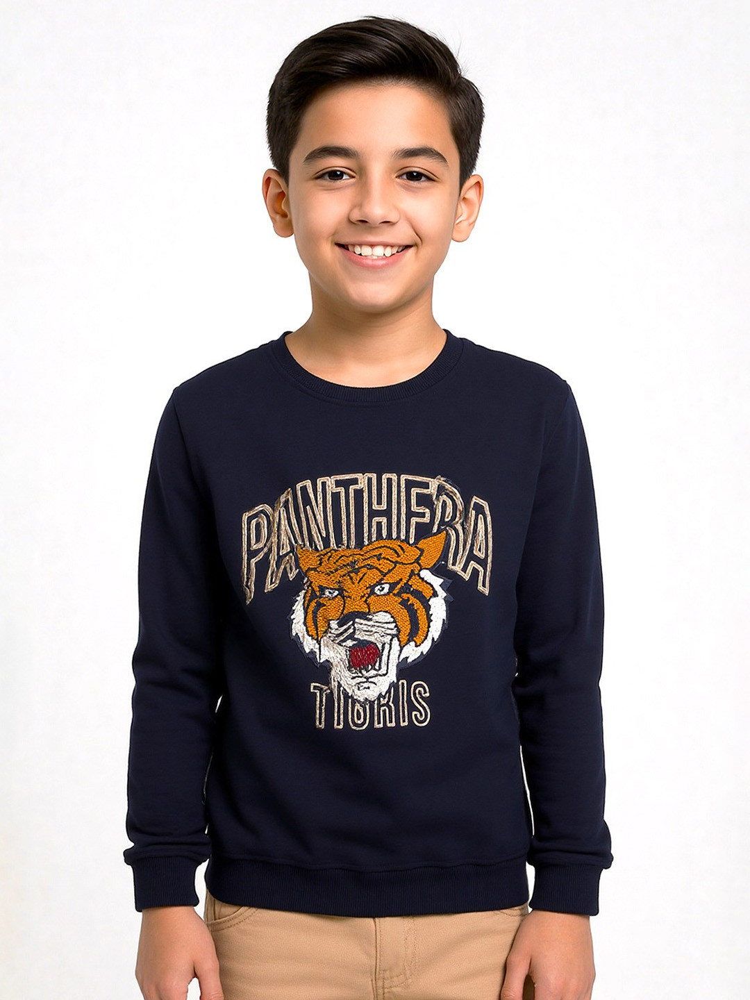 CAVIO Boys Tiger Embroidered Cotton Pullover Sweatshirt