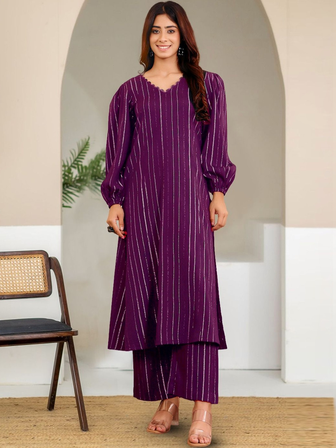 all about you Women Striped Regular Silk Crepe Kurta with Palazzos