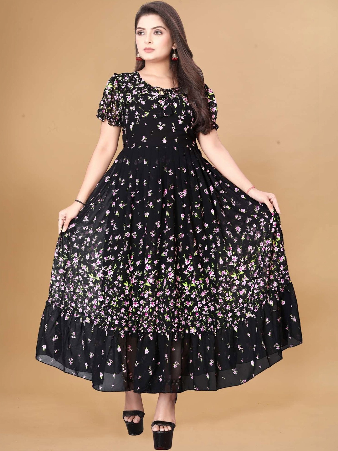 QENA Floral Print Puff Sleeve Georgette Fit & Flare Maxi Dress