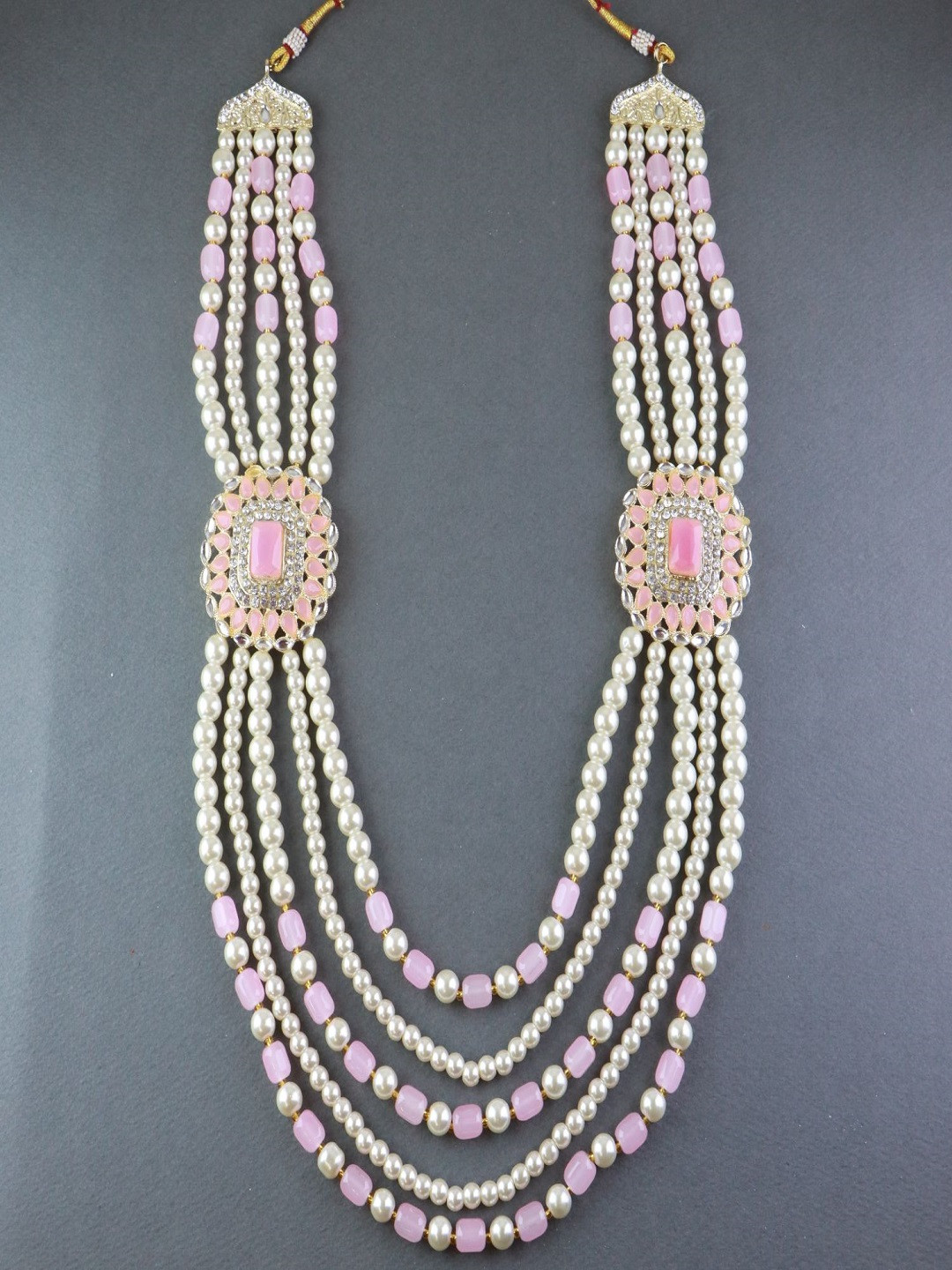 I Jewels Men Gold-Toned & Pink Beads 5 Layered Dulha Chain