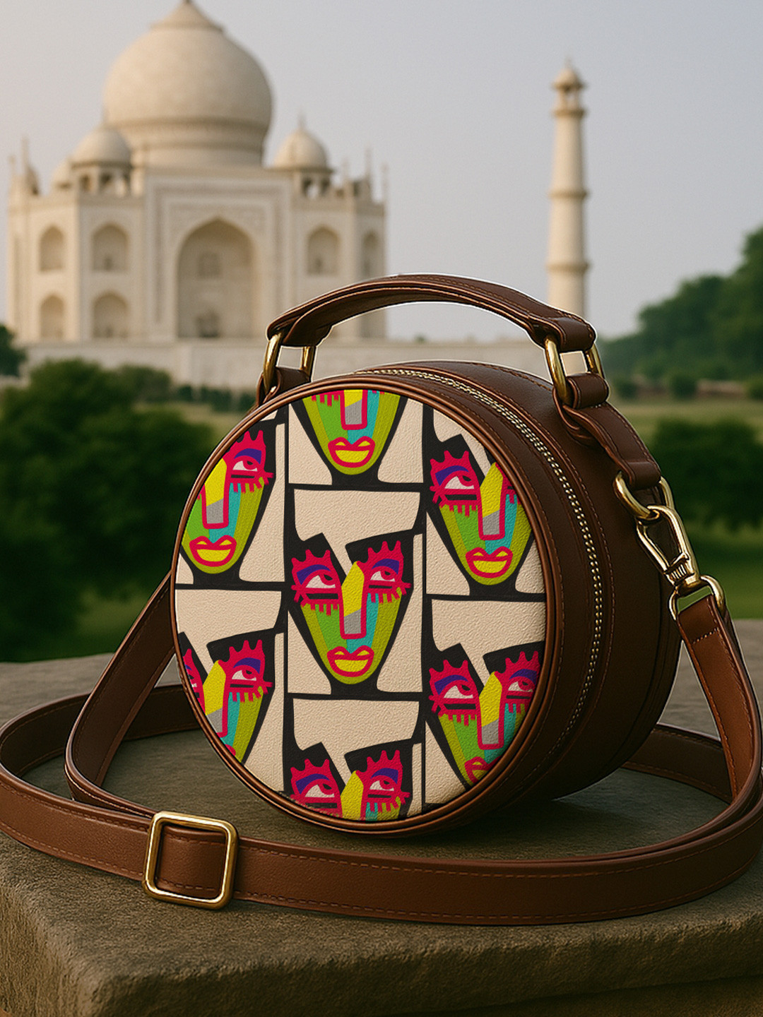 Kalankit Graphic Printed Pure Vegan Leather Round Crossbody Shoulder Sling