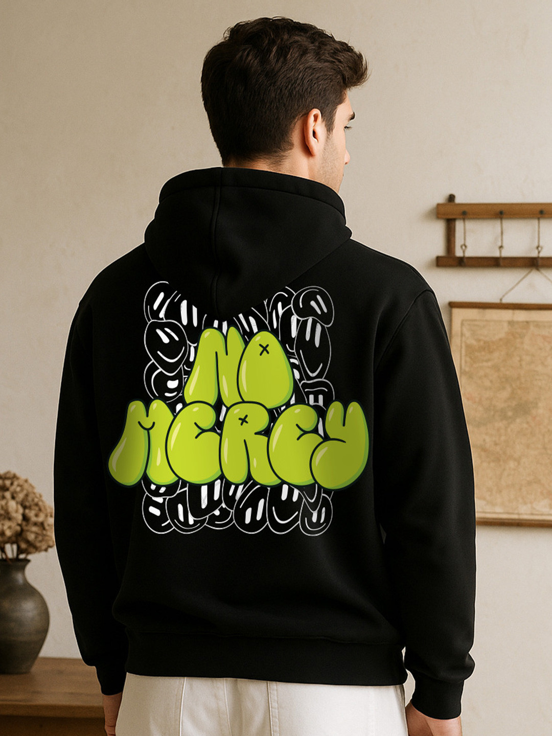 VEIRDO Men Black Graphic Printed Cotton Fleece Regular Fit Hooded Pullover Sweatshirt