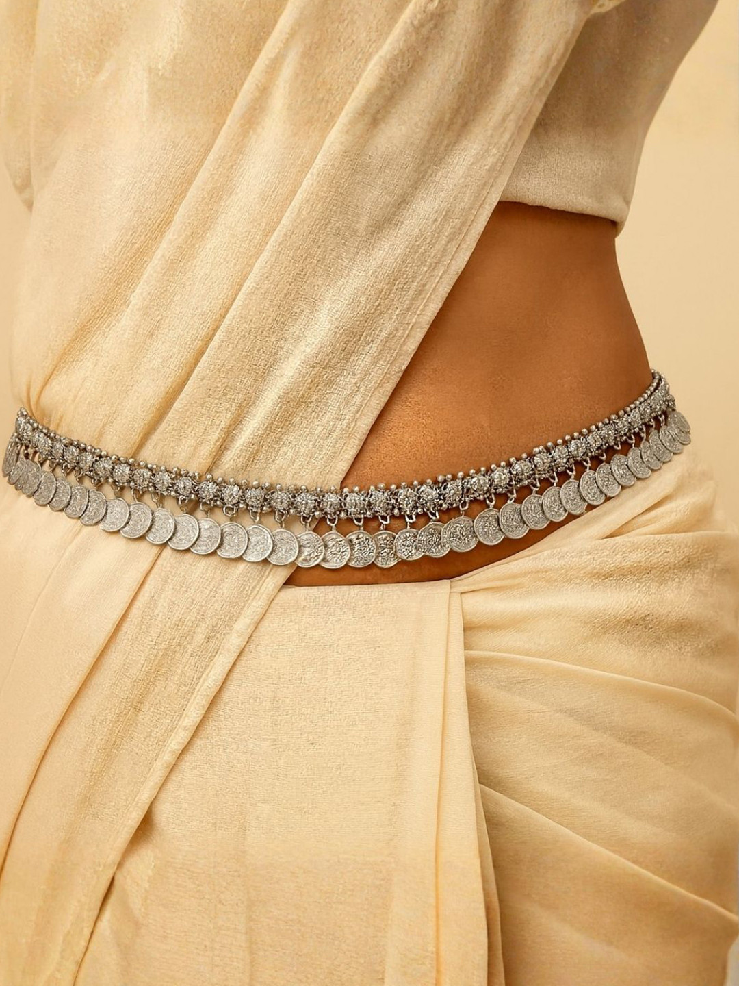 I Jewels Oxidised Adjustable Coin Tasselled Waist Chain