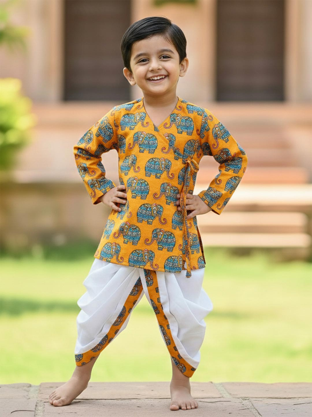 Baal Leela Elle Infant Boys Printed V-Neck Pure Cotton Angrakha  Kurta With Dhoti Pants