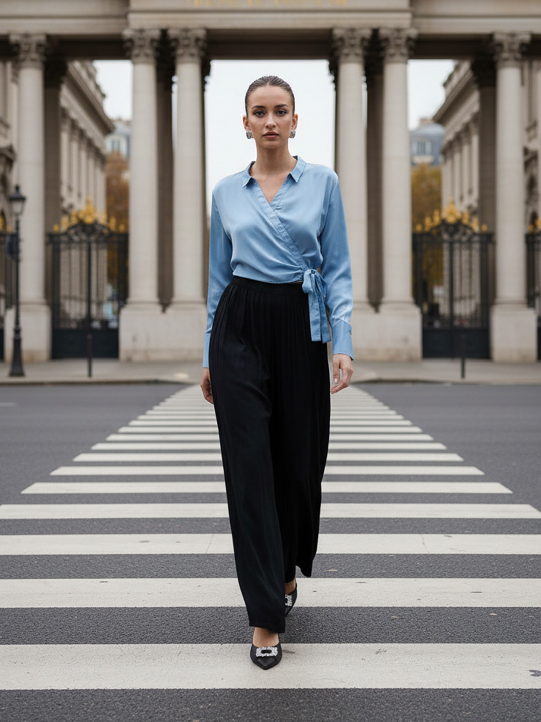 bebe Future Glam Wrap-Detail Satin Party Crop Shirt-Style Top with Tie-Ups