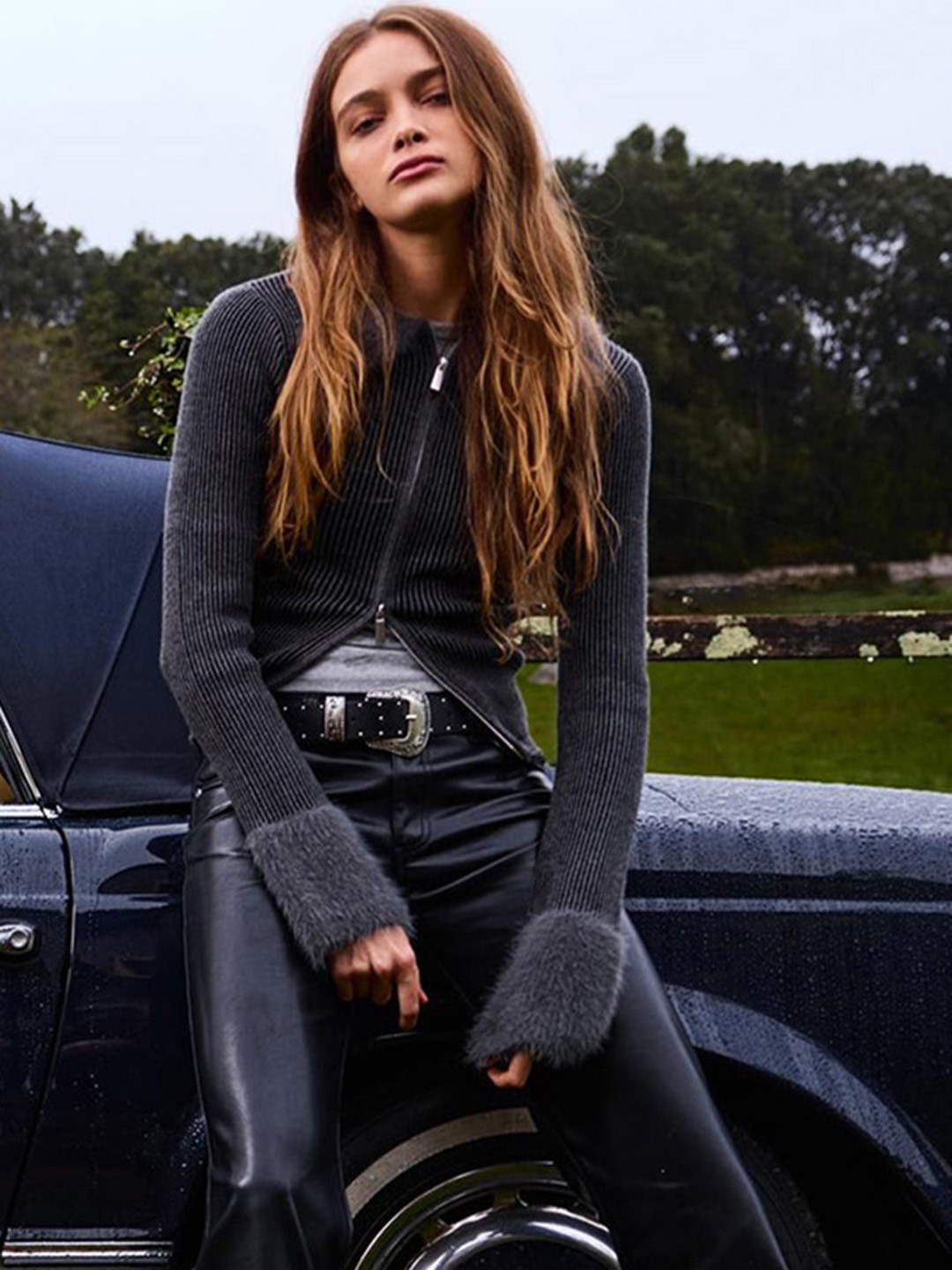 Bershka Women Self Design Faux Fur Zip Cardigan Sweater