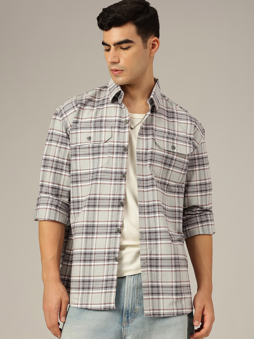DENNISON Checked Spread Collar Oversized Drop-Shoulder Sleeves Shirt
