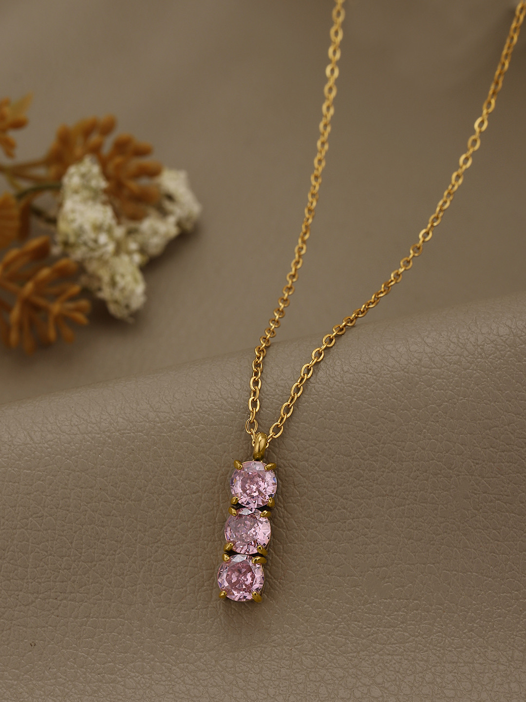 Carlton London 18K Gold Plated Pink CZ Vertical Bar Pendant With Chain