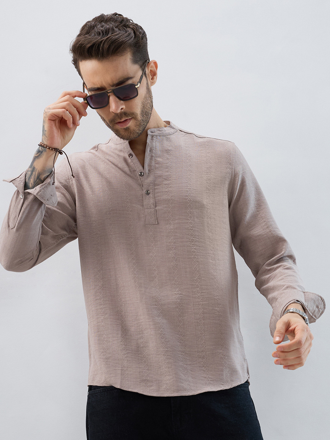 VASTRADO Dobby Striped Band Collar Roll-Up Sleeves Straight Kurta