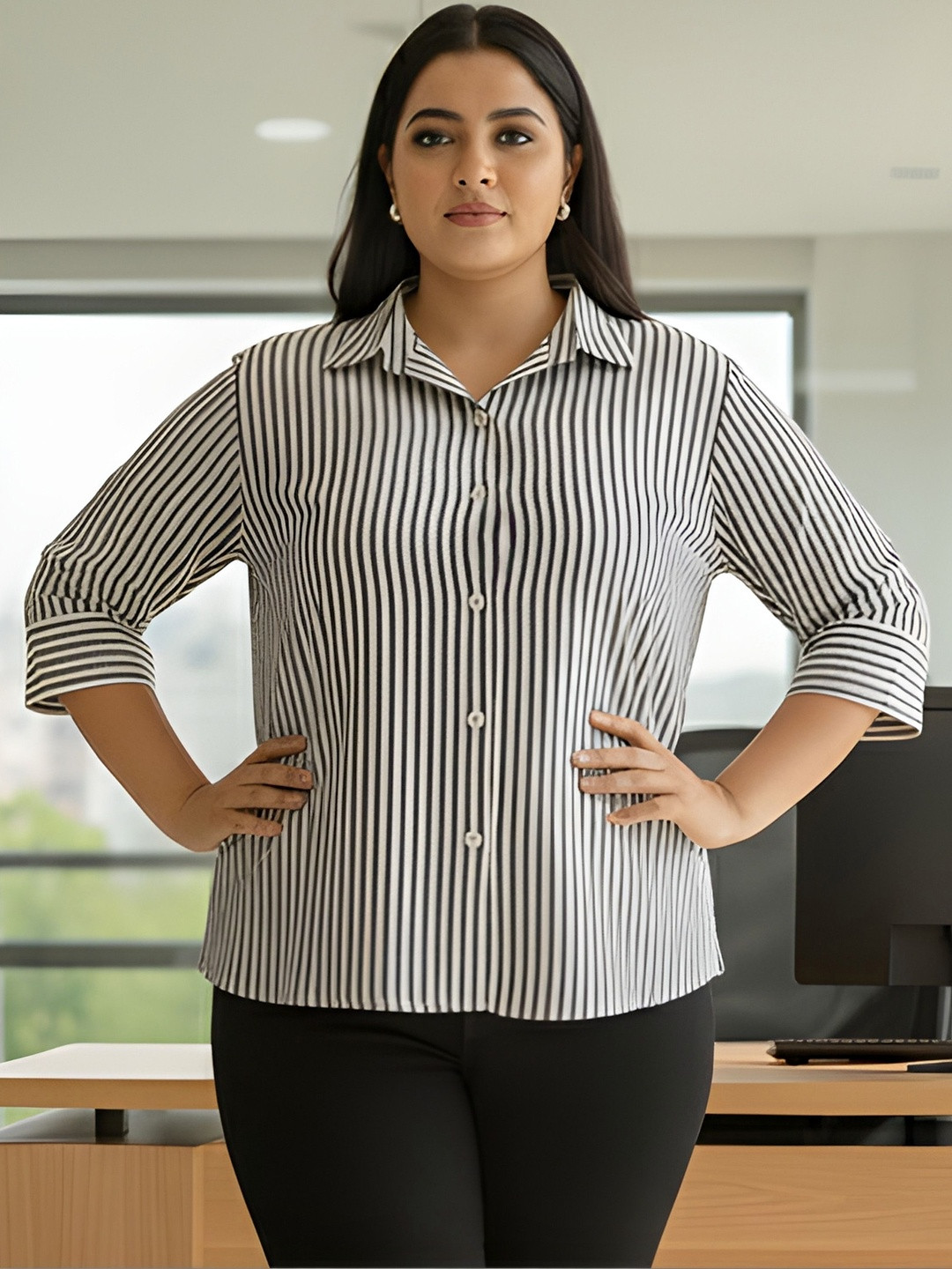 Indietoga Women Plus Size Striped Curved Hem Formal Cotton Shirt
