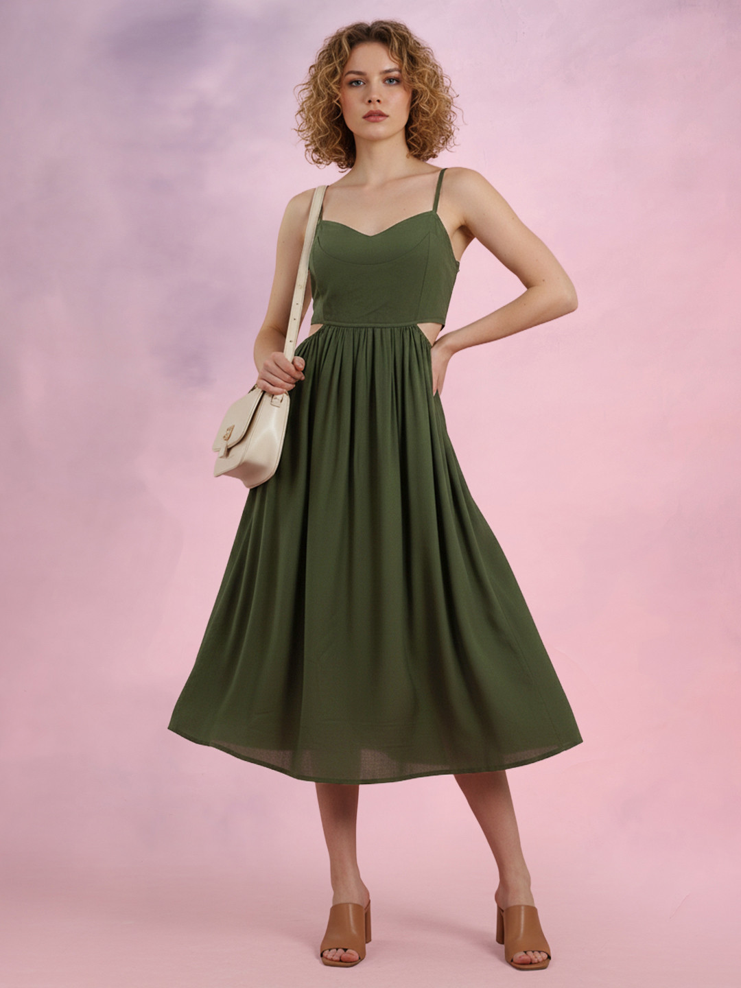 DressBerry Smocked Back Cut-Out Fit & Flare Midi Dress