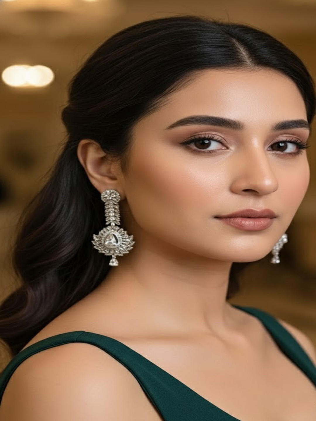 PANASH Silver Rhodium-Plated & White American Diamond Contemporary Drop Earrings